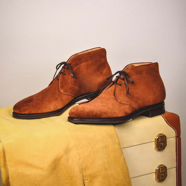 Brown Chukka Boot, Yellow Velvet Trousers and Plaid Wool Jacket