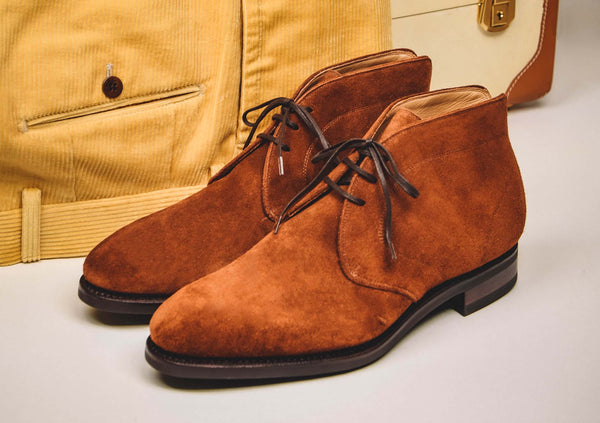 Brown Chukka Boot, Yellow Velvet Trousers and Plaid Wool Jacket