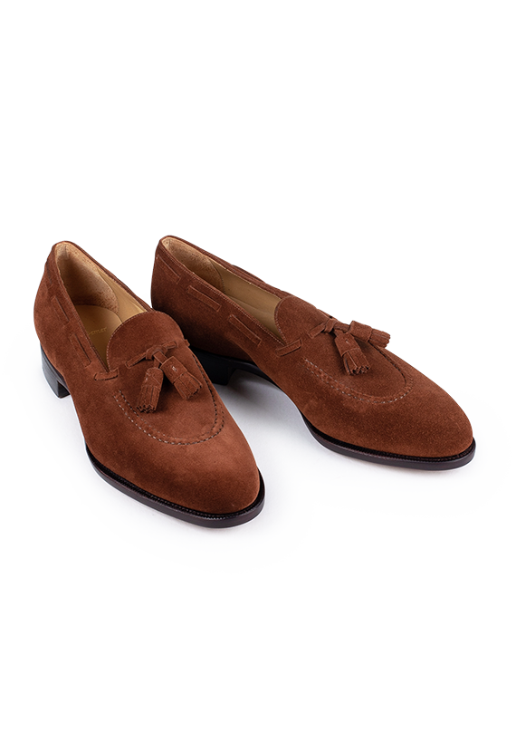 Medium Brown Tassel Loafer in Suede with Apron stitch Stefano