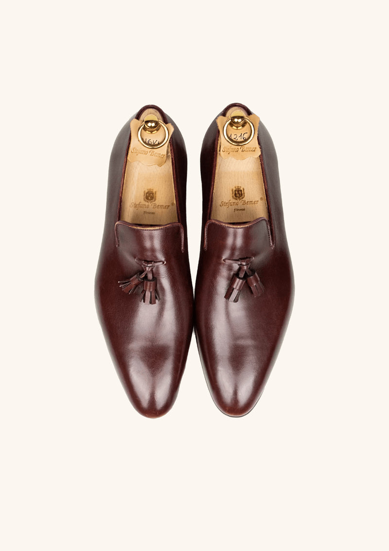 Burgundy Wholecut Tassel Loafer in French Box Calf | Stefano Bemer Burgundy Wholecut Tassel Loafer in French Box Calf | Stefano Bemer