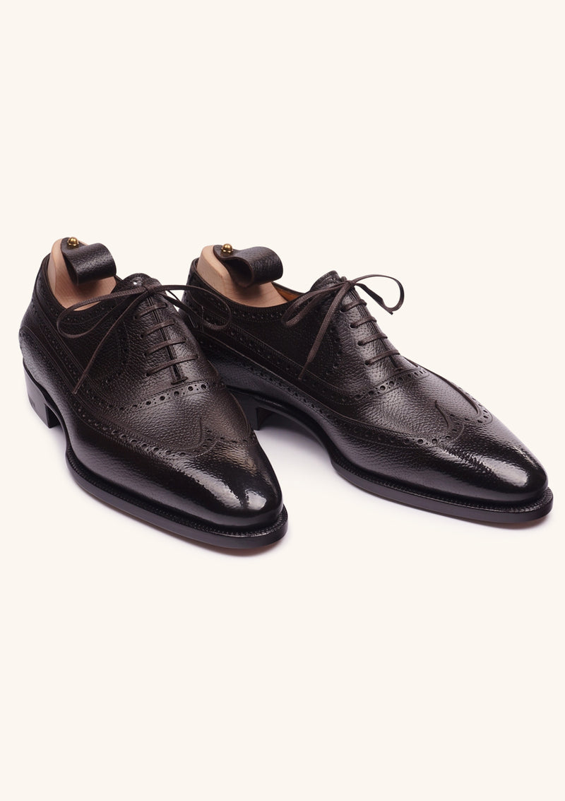 Dark Brown Wingtip Oxford Shoes in French Hatched Box Calf
