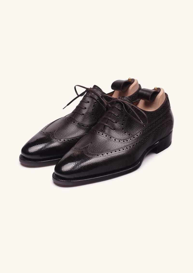 Dark Brown Wingtip Oxford Shoes in French Hatched Box Calf