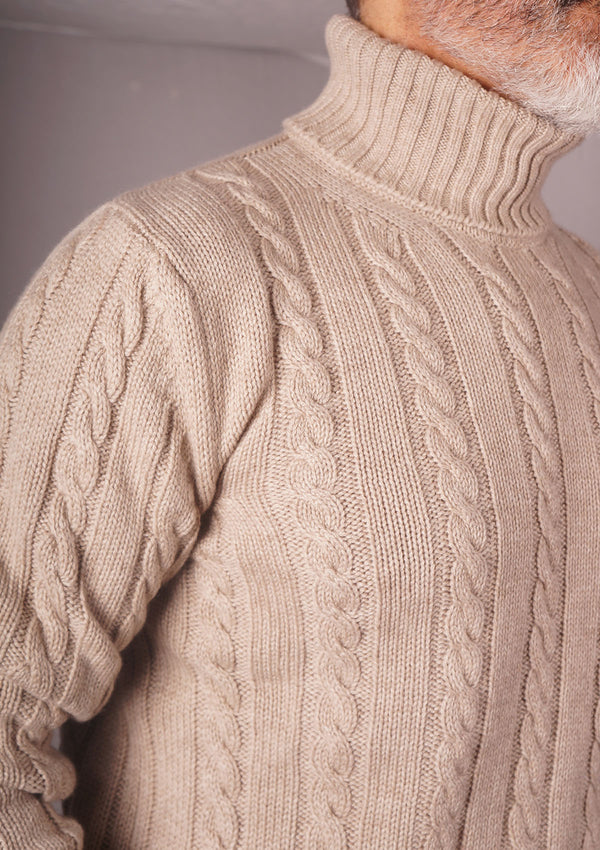 Beige Cashmere Braided Turtleneck