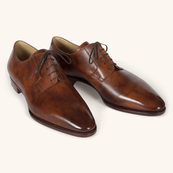 Brown Whole Cut Derby Shoes in Patinated Calfskin | Stefano Brown Whole Cut Derby Shoes in Patinated Calfskin | Stefano