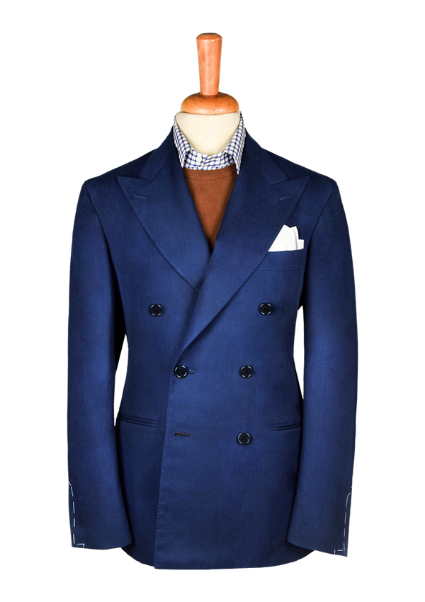 Blue Hopsack Wool Double-breasted Unstructured Jacket