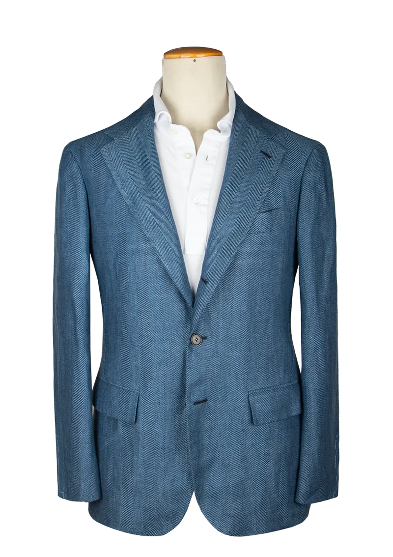 Blue Herringbone Linen Unstructured Jacket - Main Image