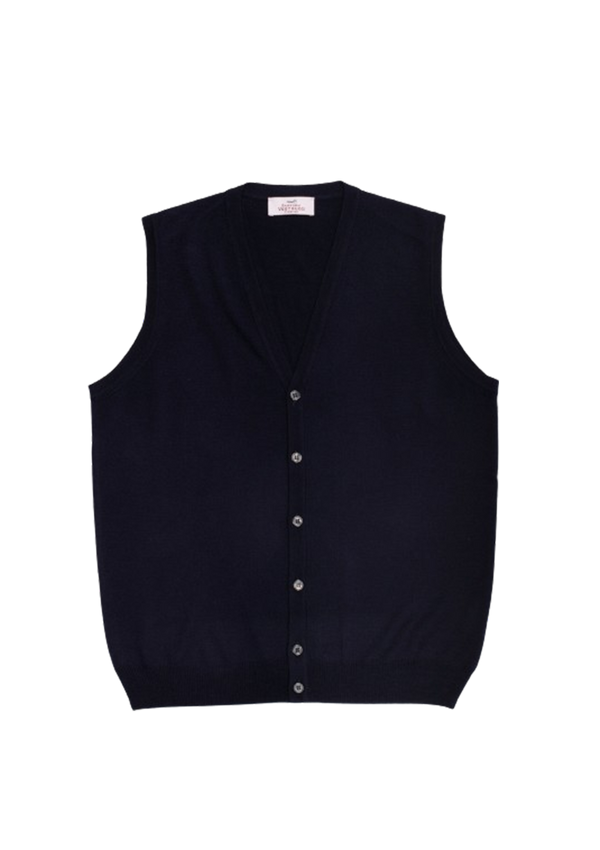 Navy Blue Merino Wool V-Neck Buttoned Waistcoat
