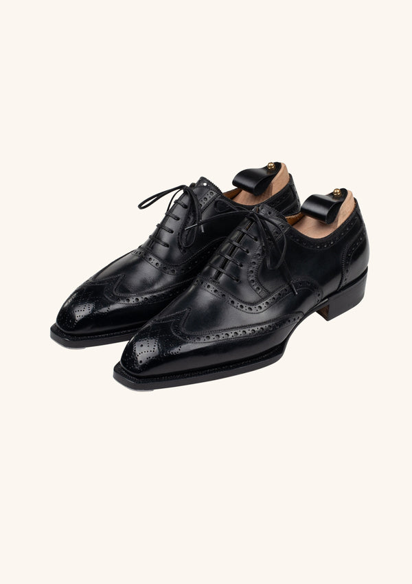 Black wingtip Oxford in French Box Calf