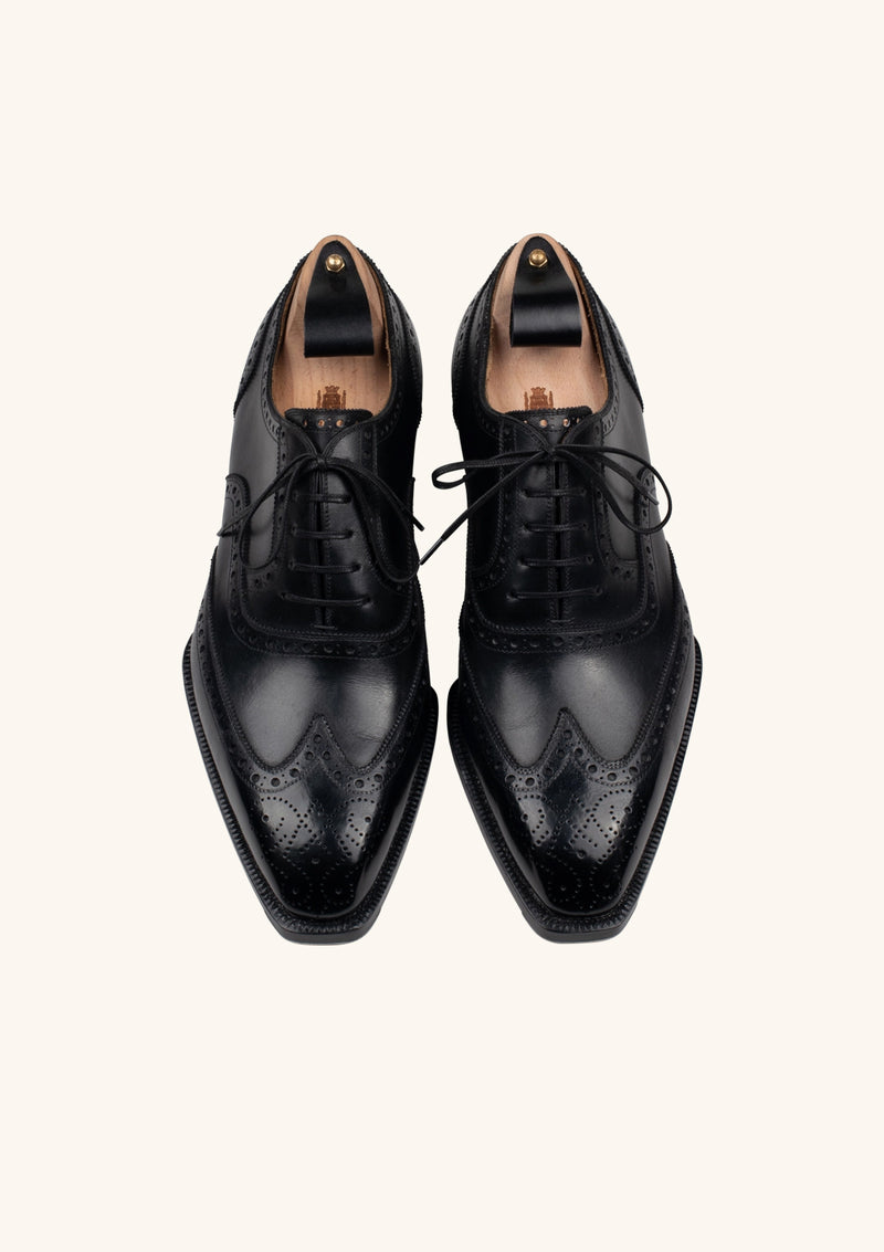 Black wingtip Oxford in French Box Calf