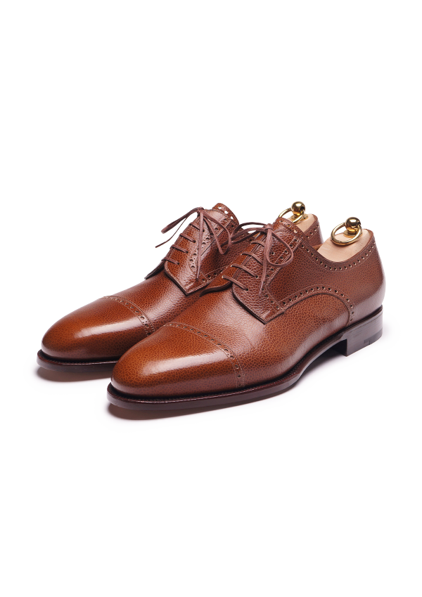 Light Brown Cap Toe Derby Shoes in Scotch Grain Leather | Stefano Bemer
