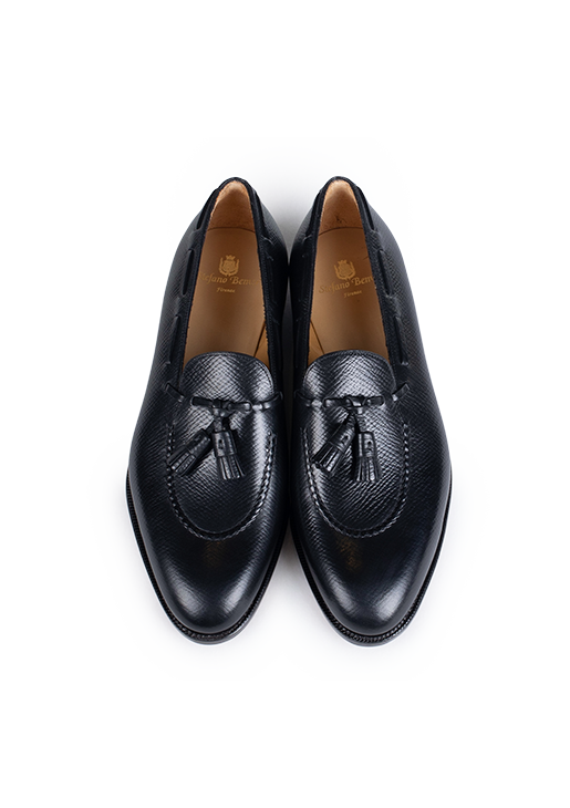 Black Tassel Loafer in Black Hatched Leather Stefano Bemer
