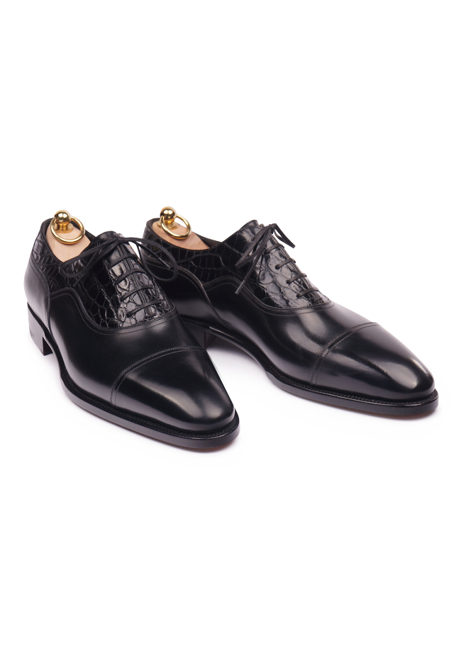 Black Cap Toe Balmoral Oxfords in French Box Calf and Crocodile